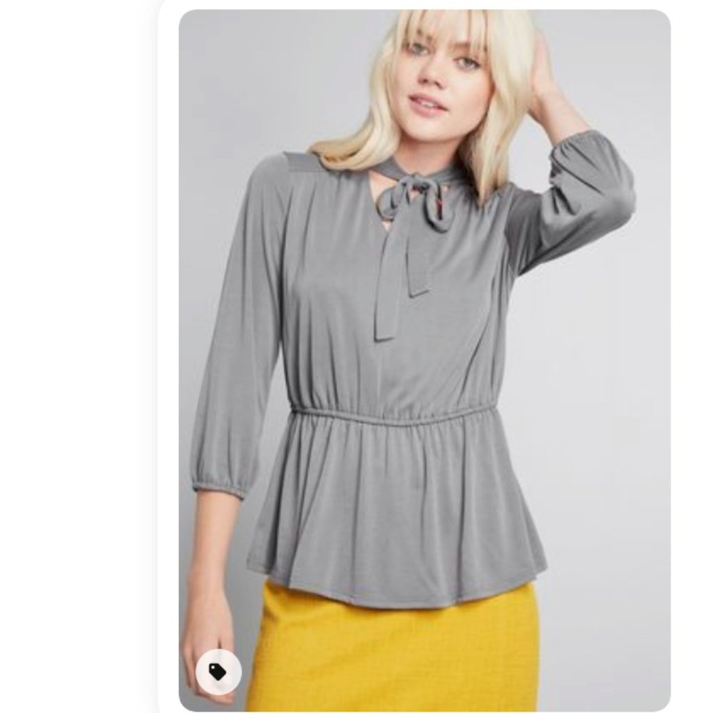Grey peplum tie-neck top NWOT
